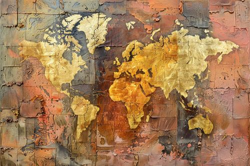 Wereldkaart in Aardetinten - Textuurrijke Kunst