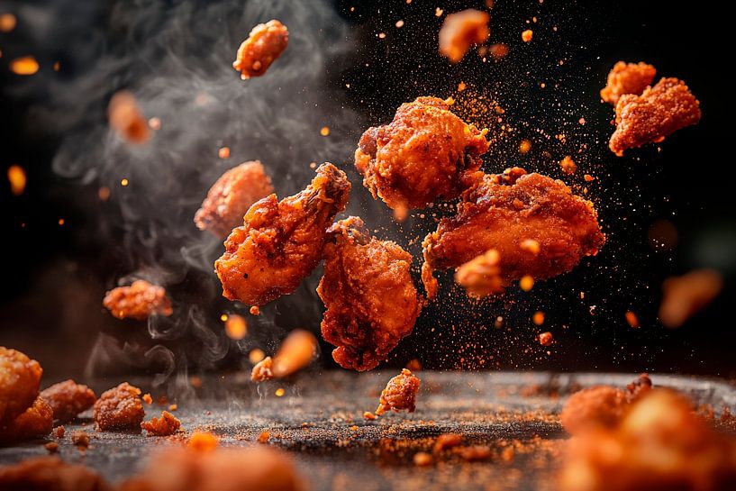 Krosses Hähnchen in der Luft – Genussmoment von Poster Art Shop