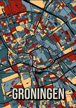 Groningen: Kleurrijk stadsplan in vintage stijl - Werk voor aan de muur van Jorn van Hezik