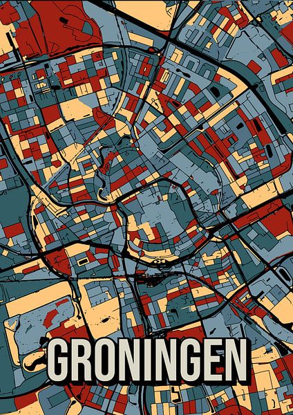 Groningen: Colourful city plan in vintage style - Work for the wall by Jorn van Hezik