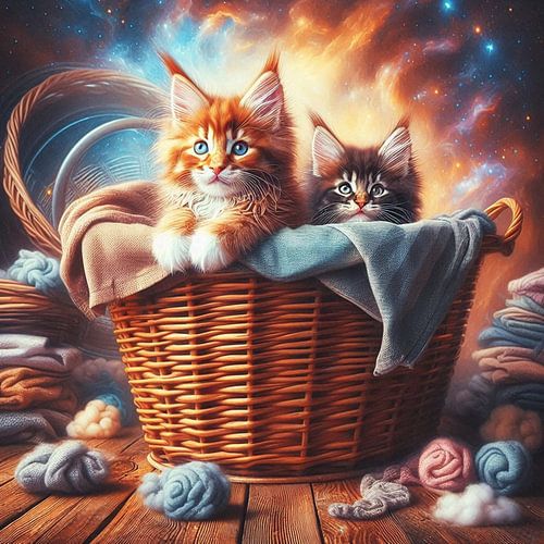 Maine coon kittens in een wasmand