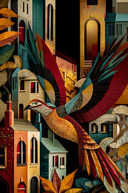 A bird amongst colourful, dreamlike buildings by KRAB