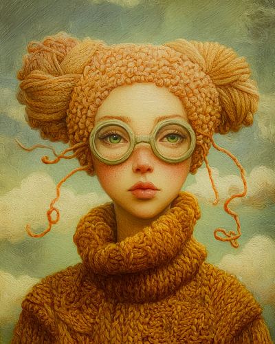Portrait surréaliste d'une jeune fille avec de la laine et des lunettes