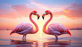 Zwei Flamingos im Wasser bei Sonnenuntergang