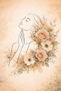 Floral Serenity Nr. 04 – MFloral Serenity Nr. 04 – Minimalistisches Frauenporträt mit abstrakter BlumenblüteMinimalistisches Frauenporträt mit abstrakter Blumenblüte von Mister Gobers