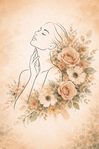 Floral Serenity Nr. 04 – MFloral Serenity Nr. 04 – Minimalistisches Frauenporträt mit abstrakter BlumenblüteMinimalistisches Frauenporträt mit abstrakter Blumenblüte