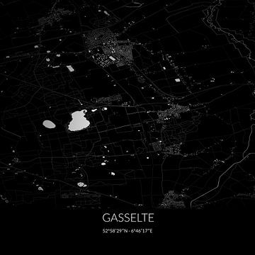 Zwart-witte landkaart van Gasselte, Drenthe. van Rezona