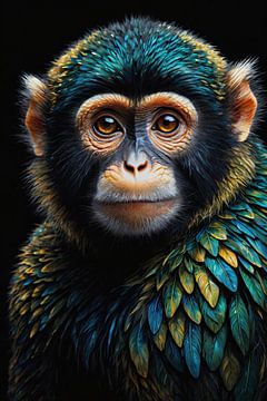 Portrait d'un singe enchanté avec une plume ornée de bijoux sur De Muurdecoratie