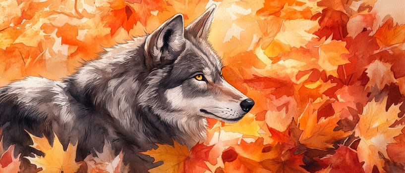 Loup dans les feuilles d'automne : beauté silencieuse par Poster Art Shop