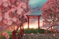 Sanctuaire japonais entouré de cerisiers en fleurs au coucher du soleil par Besa Art Aperçu