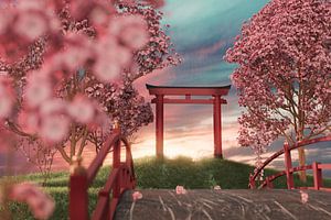 Sanctuaire japonais entouré de cerisiers en fleurs au coucher du soleil