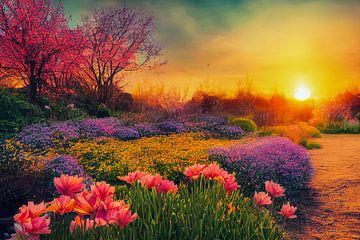 De lente in een tuin met bloemenillustratie van Animaflora PicsStock