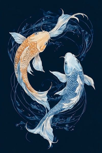 Poissons koï dans un tourbillon d'eau - l'élégance en bleu et or par Poster Art Shop