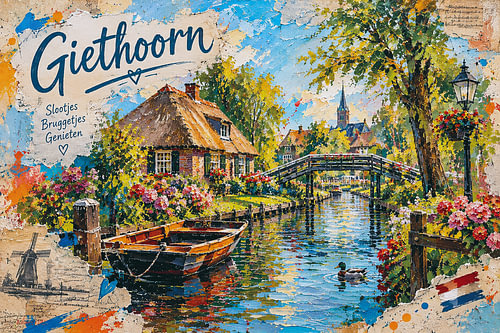Peinture de Giethoorn, Pays-Bas – Canaux et fermes aux toits de chaume