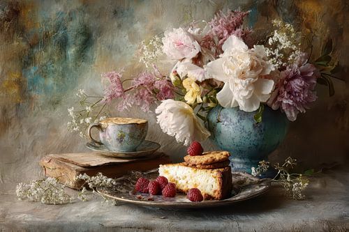 Nature morte atmosphérique avec gâteau, fleurs et détails vintage sur Joriali photographie et peintures