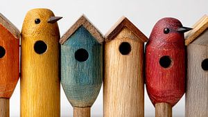 Bunte Holzvögel und -häuser
