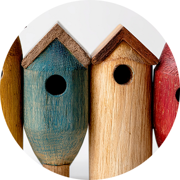 Gekleurde houten vogels en huisjes