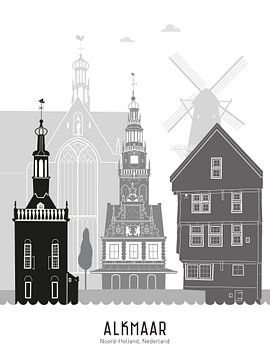 Illustration de la ligne d'horizon de la ville d'Alkmaar noir-blanc-gris sur Mevrouw Emmer