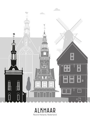 Skyline illustratie stad Alkmaar zwart-wit-grijs