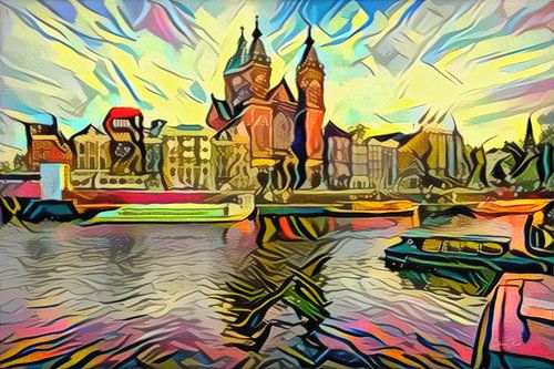 Abstract kunstwerk Amsterdam: Centraal Station Amsterdam in stijl van Picasso
