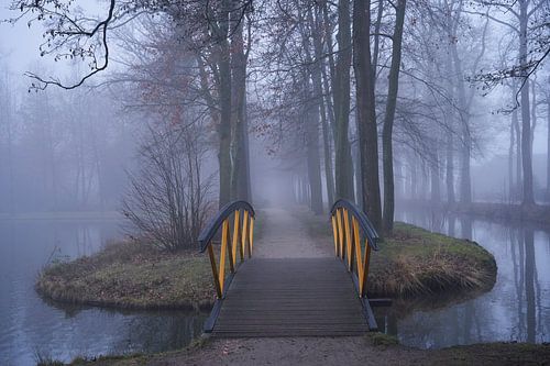 Gele brug op een mistige winter ochtend