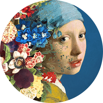 Meisje Met de Parel – Flowers on Blue Edition van Marja van den Hurk