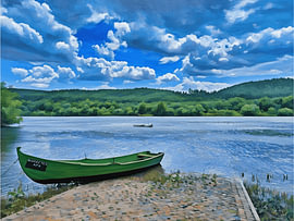 Peaceful River Scene with Boat on the Tagus River, Almourol, Portugal