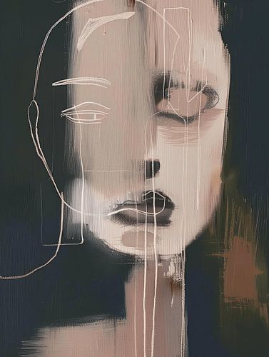 Modern abstract portret in roze tegen een donkere achtergrond.