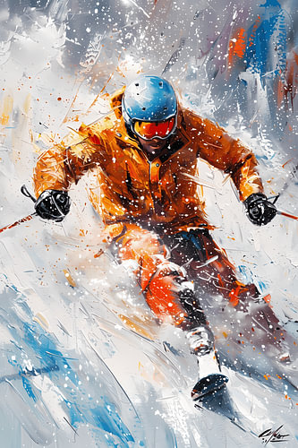 Abstract Skier Impasto Painting – Frontal Action Winter Sports Art