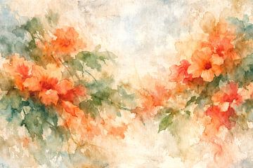 Orange trumpet flowers (AI) (climbing plant, summer, Campsis radicans, tranquil, rural, graceful) by Natalie Bruns