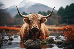 Schottischer Highlander in einem Fluss