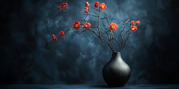 Vuurrode bloesems in Donkerblauw van Studio BB