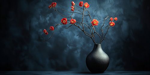 Feuerrote Blüten in Dunkelblau