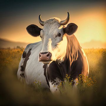 Koe liggend in de avondzon. van Digital Art Nederland