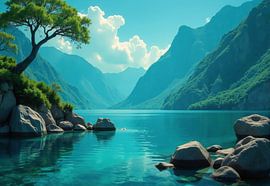 Bergsee mit Felsen am Ufer und Nadelbäumen von Markus Gann