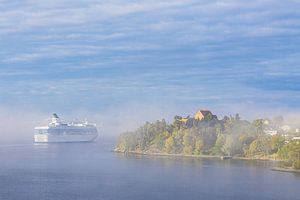 Fährschiff mit Nebel im Schärengarten vor Stockholm, Schweden