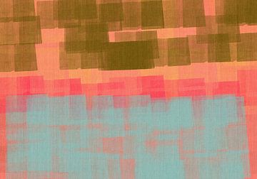 Abstract in mosgroen, oranje, roze en lichtblauw. van Dina Dankers