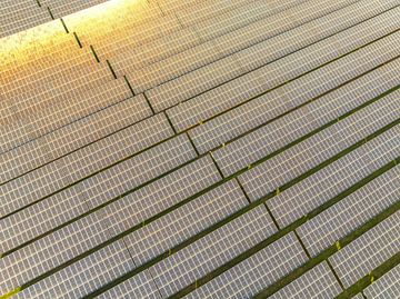 Luftaufnahme eines Solarparks, der sauberen erneuerbaren Strom produziert von Sjoerd van der Wal Fotografie