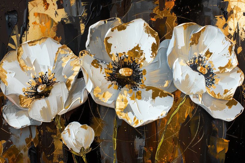 Weiße Blumen mit Gold ein abstraktes Gemälde mit Luxus-Look von Dutch Art Works