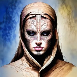 Gemaskerde vrouw in blau-geel