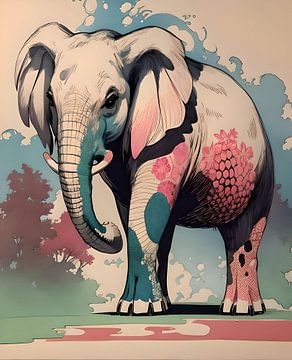 Illustration d'un éléphant en bleu-vert et beige sur Emiel de Lange