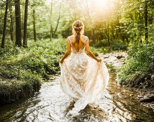 een bruid die langs een zonovergoten bergbeek loopt
