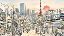 De straten van Tokio bij zonsondergang van my pixel art