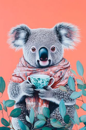 Koala met theekop en sjaal