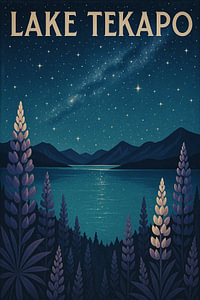 Lake Tekapo Nightscape - Sternbeleuchtete Lupinenfelder Poster