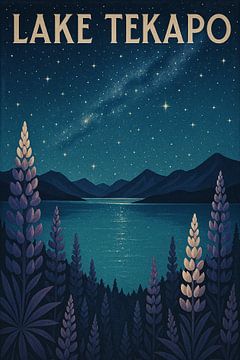 Lake Tekapo Nightscape - Sternbeleuchtete Lupinenfelder Poster von Travel Shop
