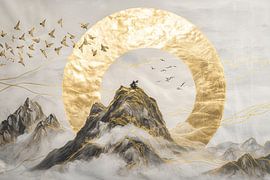 Mystischer Berggipfel mit goldenem Schimmer am Himmel von Digitale Schilderijen