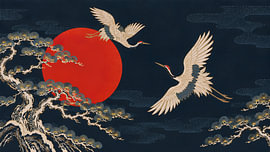 Japan: Gouden kraanvogels onder de karmozijnrode zon van my pixel art