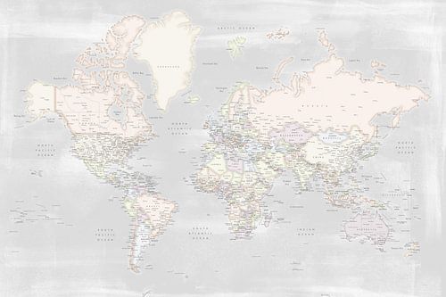 Carte du monde détaillée avec les villes, pastels Maeli sur Rosana Laiz Blursbyai