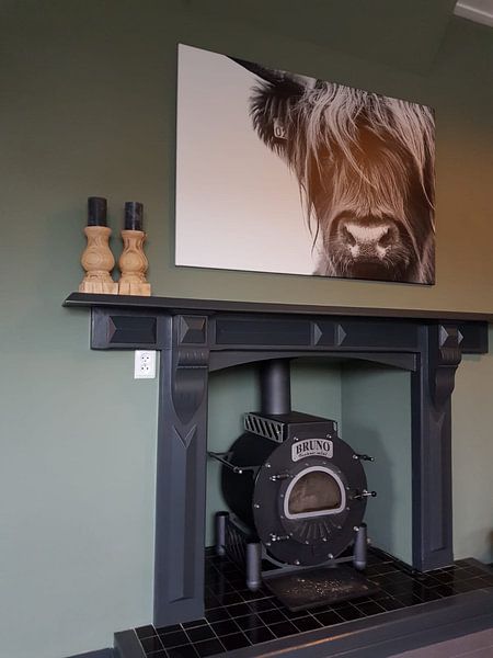 Customer photo: Portrait Scottish Highlander black and white by Sandra van Kampen, on canvas